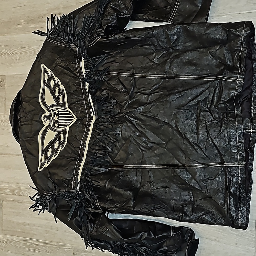 Michael Hoban coat vintage 100% leather black fringed biker style sz Large - Picture 10 of 11